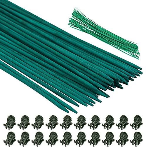Hysagtek 50 Stück Pflanzenstäbe, Pflanzenstützen Grüne 40 cm, mit 50 Stück Gartenbinder und 20 Pflanzenclips, Stäbe für Pflanzen Tomatenstangen für Haus Garten Kletterpflanze