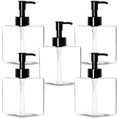 Youngever Lot de 5 Bouteilles de Pompe de Lotion en Plastique Rechargeables Vides 360ML, Distributeur Flacon Pompe (Square Noir Pompe)