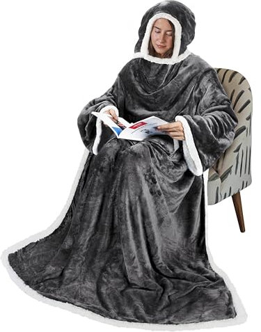 Catalonia Classy - Coperta indossabile con maniche e cappuccio, calda, comoda, grande coperta in pile con maniche, per adulti, donne e uomini