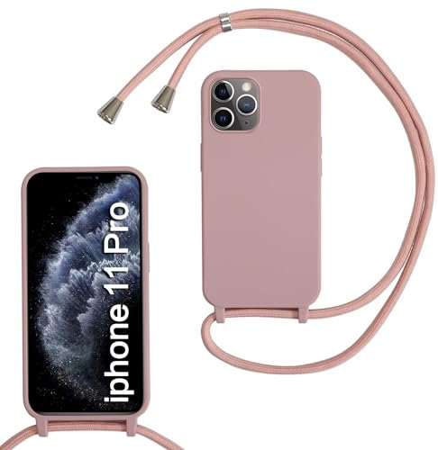 MBSLFY Lanyard Case for iPhone 11 Pro, Liquid Silicone Protective Phone Case with Strap Adjustable Neck Cord Necklace Soft Cover for iPhone 11 Pro, Dark pink