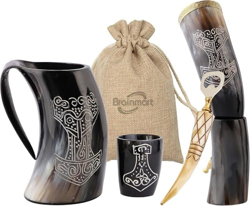 Viking Trinkhörner Bierkrüge 6-teiliges großes Set Thor-Tasse, Thor Trinkhorn mit Ständer, Flaschenöffner, Schnapsglas, Jutebeutel | am besten für Bier Mead Wine Ale kalte und heiße Flüssigkeit
