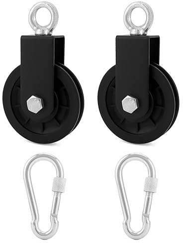 QWORK® 2 STÜCKE 90mm Umlenkrolle mit Schaukelgurt Karabinerhaken, Fitness-Kabelzugsystem, für Fitnessgeräte, Latzug,Wäscheleinenbefestigungen