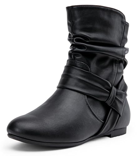 Vepose Women's Black Smooth Flat Slouch Ankle Boots, Size 8, 939A