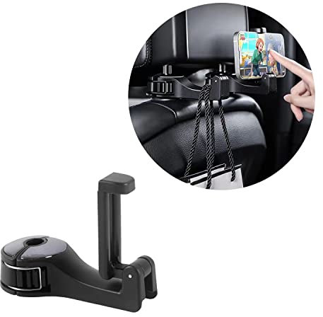 ViWaVee Kopfstützenhalterung Auto Haken mit Handyhalterung, 360° Heckhaken für Autositze für Tasche, Geldbörse, Stoff, Lebensmittel, Rücksitz Auto Organizer, Leicht zu Handhaben (Schwarz).