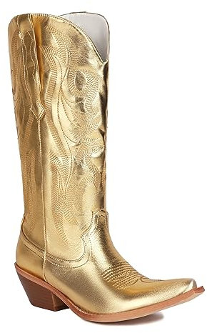 CRETUAO Stivali da Cowgirl Metallizzati da Donna,con Stivali Larghi al Polpaccio a Punta Ricamati Unici,Comodi Stivali Alti al Ginocchio con Tacco Basso e Grosso,d'oro,34 EU