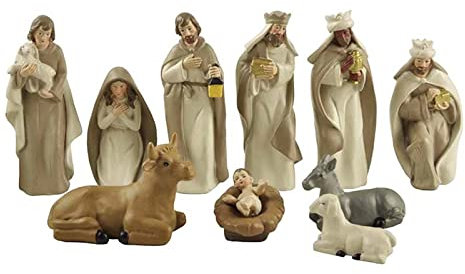 JYCRA 10-teiliges Krippen-Set, Figur für Den Innenbereich, Kunstharz, Zum Sammeln, Ornament, Weihnachten, Religiöses Geschenk, 10-teilige Statue der Heiligen Familie für(10 Stück, gebrochenes Weiß)