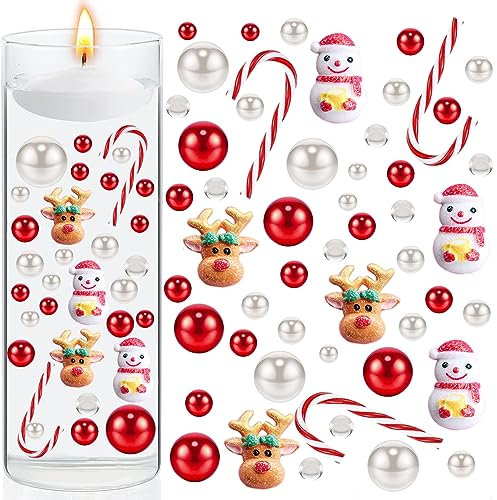 KOOMAL Weihnachtsvasenfüller-Set, flammenlose schwimmende Zuckerstange, Elch, Schneemann, Perlen, klare Wasserperlen für Vasenfüller, Tischdekoration für Zuhause, Tischdekoration (Kerzen nicht im