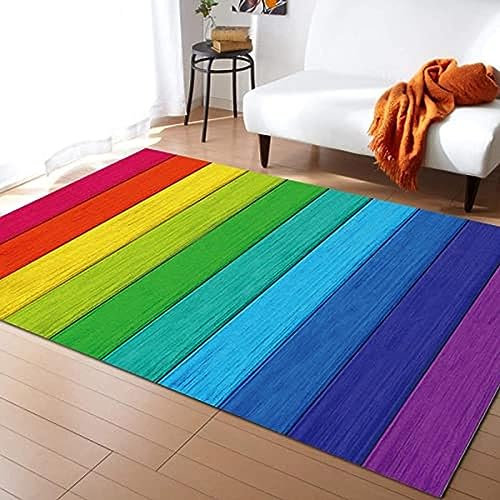 PAJEON Vintager Ländlicher Bauernhof Holzmaserung Regenbogen Indoor-Teppich, 170 x 240 cm Kurzflor Kinderteppich - für Terrasse Garten, Küche, Bad Oder