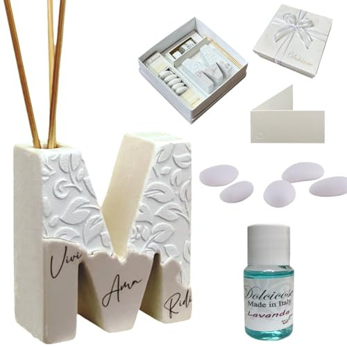 Regalami.shop bomboniera profumatore in marmo di Carrara completo di scatola, confetti, essenza, nastro e bigliettino (lettera m)