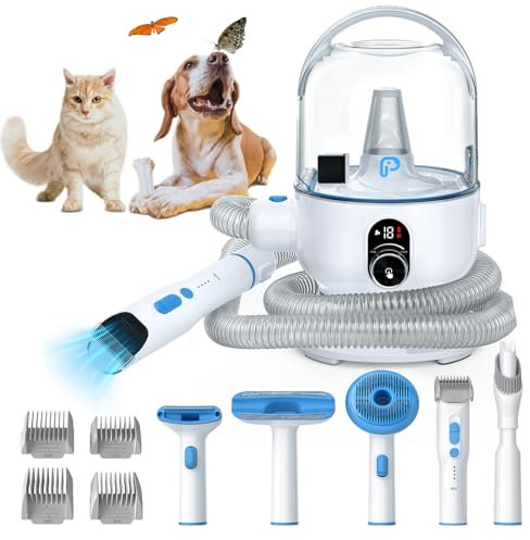 KIMORE Kit de toilettage pour animaux de compagnie et aspirateur à poils de chien 99 % d'aspiration des poils d'animaux, kit de toilettage pour chien 5 en 1, tasse à poussière de 1,5 L, aspirateur