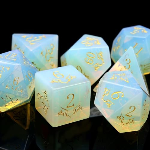 Haxtec Polyedrisches DND-Würfel-Set mit Opal-Edelsteinen | Naturstein, Premium-Würfeletui, kompatibel mit Dungeons and Dragons, TTRPG-Geschenke, wertvolle Edelstein-Würfel