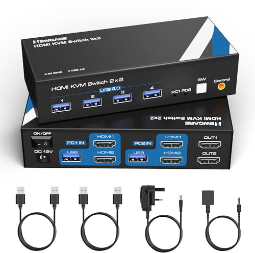 NEWCARE KVM Switch 2 Monitors 2 Computers, 4K@60Hz HDMI KVM Switch HDMI 2 Port, Dual Monitors 2 Computers Share 4 USB 3.0 Port, Support Desktop Controller, 2 USB Cable Included