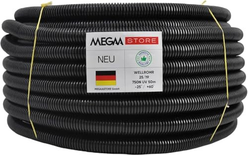 Megastore Flexibles Leerrohr Wellrohr mit Zugdraht 750N Schwarz | Klassifizierung M16 M20 M25 M32 M40 M50 Kabelschutz Schutz Rohr ungeschlitzt Außenbereich (M32-25m mit Zugdraht)