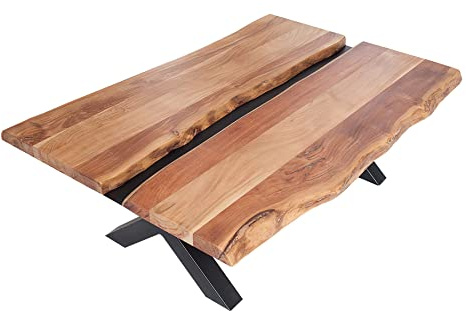 Riess Ambiente Massivholz Couchtisch Amazonas 105cm Akazie schwarzes Metall X-Gestell Baumkante Live Edge, Beistelltisch für Dein Wohnzimmer