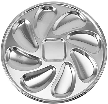 EVGOOGYY 1 piastra per ostriche in acciaio inox, 22,9 cm, 8 scomparti, a forma di conchiglia, vassoio da portata per frutti di mare, piatto da cucina per ostriche, salse e limoni