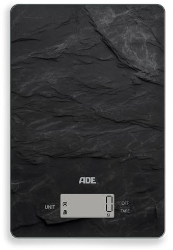 ADE Bilancia da cucina digitale | bilancia precisa al grammo fino a 5 kg | display grande | incl. batterie AAA | molto piatta | con occhiello per appenderla | cifre grandi di facile lettura | ardesia