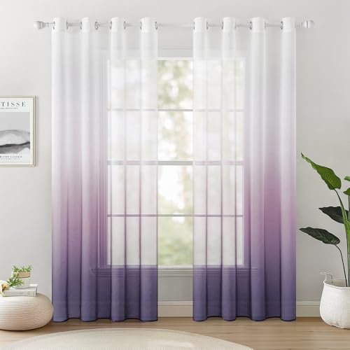 Woaboy Vorhang Voile Wohnzimmer Ösenschal Gardine Transparente Dekoschal Fensterschal für Schlafzimmer 2er Set 140x225cm Lila