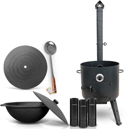 Feuerofen Ø 44cm Herdplatte Ø48 cm Kazan Ø 46,5 cm (16 L) runder Boden Thermometer Schornsteinverlängerung Schaumlöffel 48 cm (Set - 566)