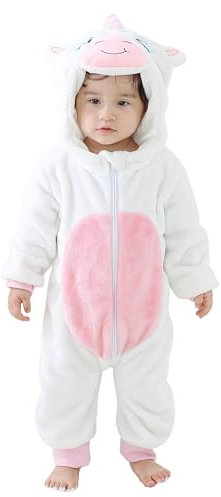 Pagliaccetto Neonato Invernale Pigiama Neonato, Flanella Stitch Unicorno Dinosauro Costume Neonata Sacco Nanna con Cappuccio Animale Tuta Neve Pigiama Pile Bambino Bianco Unicorno 90(12-18 Mesi)