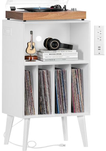 Lerliuo Supporto per giradischi con stazione di ricarica, supporto per giradischi bianco, può contenere fino a 160 album, mobile in vinile Mid-Century con gambe in legno, mensola porta dischi per