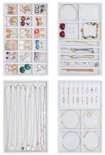 LISRUGEN Schmuck-Schubladen-Organizer, Schmuck-Organizer für Schubladeneinsätze, Samt-Schmucktablett, stapelbares Schmucktablett, Ohrring-Halsketten-Organizer, Tablett und Aufbewahrung für Damen, Weiß