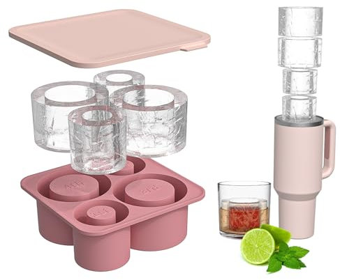 Holzsammlung Ice Cube Tray Mold with Lid for Stanley Cup 10-40 OZ Tumbler, Hollow Cylinder Silicone Freezer Ice Moulds for Chilling Cocktails, Whiskey, Drinks, Coffee, Juice (Pink)