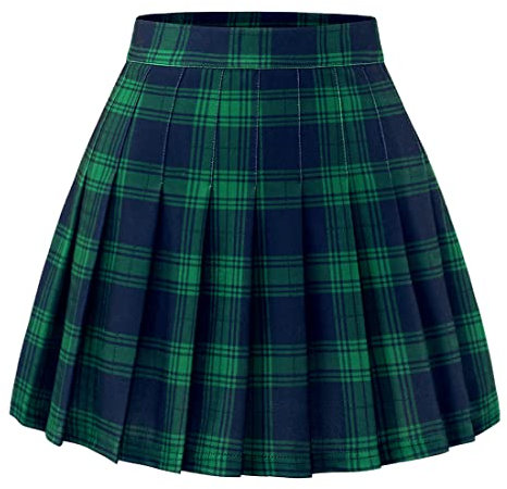 Timormode Faltenrock Damen Elastische Hohe Taille Röcke A Linie Mädchen Karierter Rock Skater Mini Rock Green Navy Plaid S