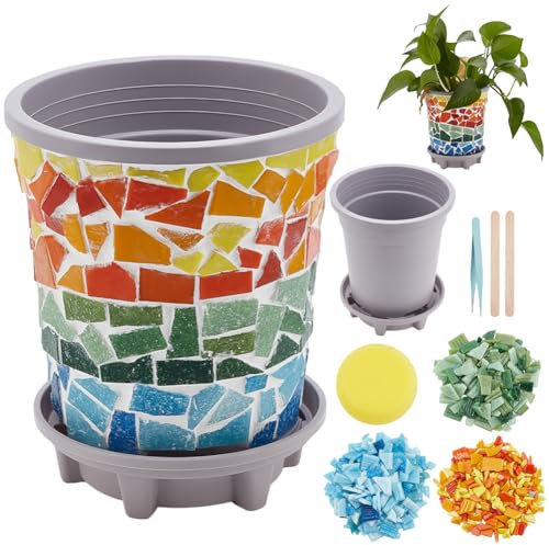 WEBEEDY DIY Flowerpot Mosaic Kit Small Planter Pot DIY Mosaic Flower Pot Make Your Own Pot Set for Indoor Outdoor Plant Mosaic Decorative Plant Pot,Flowerpot with Mosaic Tiles Craft Project Activity
