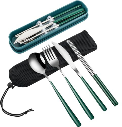 VANRA Lot de 4 couverts de voyage portables avec mallette de rangement, couverts en acier inoxydable réutilisables avec fourchette, cuillère, couteau, baguettes pour voyage, école, travail,