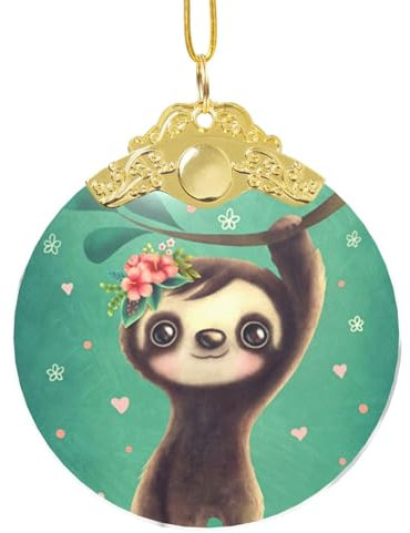 WSHFFILO Süßer Faultier bedruckter runder Glasanhänger Weihnachtsbaumschmuck