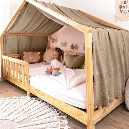 lilimaus Hausbett Himmel mit Gold Applikation [in 12 Farben] Betthimmel Hausbett aus 100% Baumwolle Musselin - Stoffhimmel für Hausbett Deko Mädchen & Jungen - Himmel für Hausbett Kinderbett Vorhang
