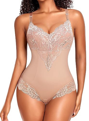 YARRCO Body Shaper Damen Bauchweg Shapewear Spitze Shaping Bodysuits Figurformende Unterwäsche Miederbody Miederslip (Beige, L)