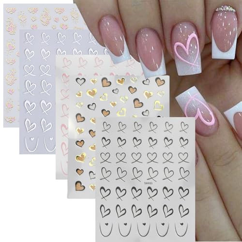 Kabwea Nagelsticker Set Für Nailart, 5 Blätter Selbstklebende Nagelaufkleber Mit Herzen & Sternen, Valentine Nail Stickers