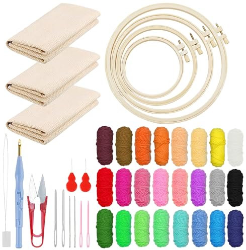 Woohome Stickerei Starter Kit Punch Needle Kit mit Stickrahmen, Stanznadeltuch, Garn, Punch Needle für Handwerk Stitching (18 Stück Starter Kits)
