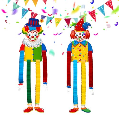 Katomi 2 Stück Clown-Dekoration, Fasching Deko Hängende Papierdekoration Papier Hängedeko für Lustige Zirkusfigur als Partydekoration & Geburtstagsdeko