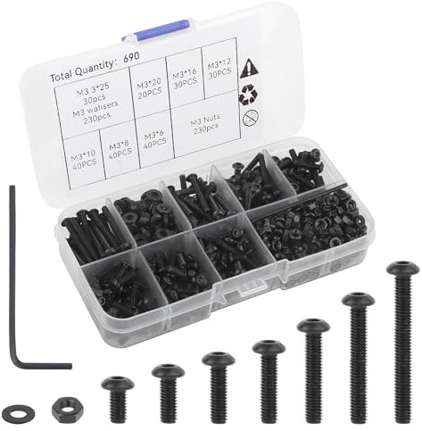 KILDOWS 690 Pezzi M3 Viti Dadi e Rondelle Set, M3 Viti Bulloni a Testa Cilindrica con Esagono Incassato Filettati Dadi Rondella Assortimento Kit Nero con Chiave e Scatola di Immagazzinaggio