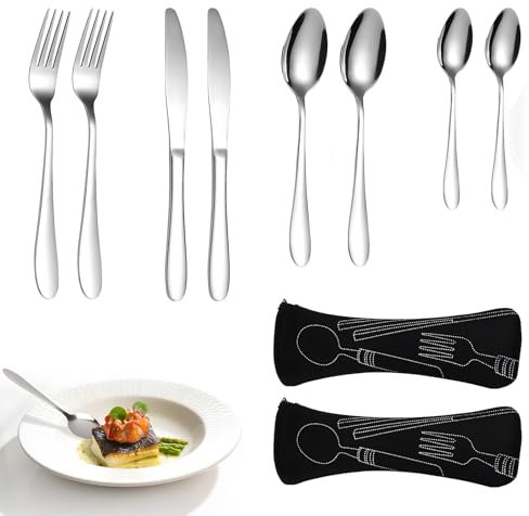 Kasoud Cutlery Set, 2 Set Camping Cutlery, Cutlery Set with Portable Pouch Case, Camping Cutlery, Travel Cutlery Set, Cutlery Pouch for Outdoor Travel Picnic Office School Lunch Box (Black)