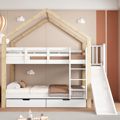 IHO SOFA Kinderbett Etagenbett 90x200 cm mit Rutsche und Leiter für 2, Kinder Hochbett mit Stauraum, Stockbett mit Rausfallschutz & Lattenrost, Hausform Kinderbett mit Schubladen, Weiß, Ohne Matratze