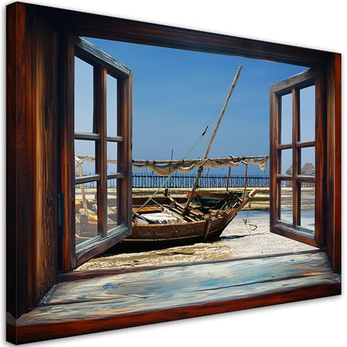 Feeby Leinwand Bilder - Bild Wohnzimmer - Fenster Meerblick - 120x80 1tlg - Deko Schlafzimmer Groß - Dekoration Canvas - Gemälde - Modern Wandbilder - Kunstdruck