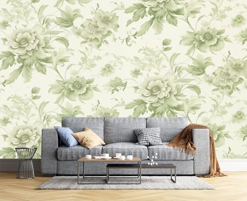 JEDTAKCT Sage Green Wallpaper Vintage Florals Textured Wallpaper Victorian Watercolor Feature Wall Mural 200X140Cm (79X55) Large Photo Wallpapers for Bedroom Living Room Tv Backdrop Hallway