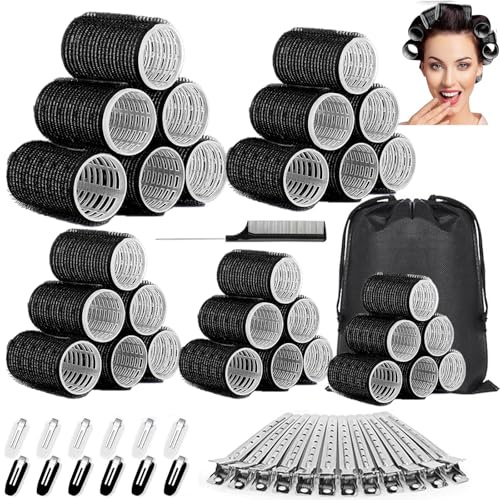 56 Stück Lockenwickler Set mit Aufbewahrungstasche & Edelstahl Clips,5 Größen Hair Rollers, Ohne Hitze Selbsthaftend Haarwickler, Groß Lockenwicklern für Lange, Mittlere, Kleine, Kurze Haare (Schwarz)