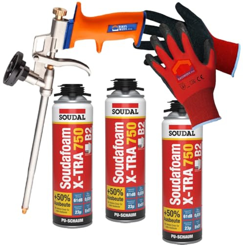 SET SOUDAL Soudafoam X-Tra 750 B2 Pistolenschaum 3 x 500 ml + Arbeitshandschuhe und Schaumpistole von Hauswerk.shop