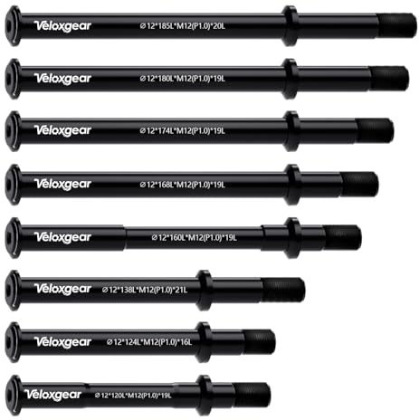 12 mm Nabendurchgangsachse, M12 Gewindedurchmesser x 1,0 mm Gewindesteigung inkl. Kegelring, Aluminiumlegierungsmaterial, kompatibel mit 8 Längen: 120/124/138/160/168/174/180/185 mm L