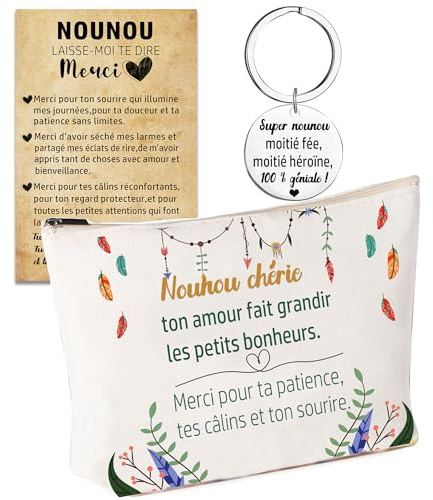 Cadeau Nounou – Pochette 25x18x5 cm + Carte de Remerciement + Porte-Clés Gravé – Idée Cadeau Merci Nounou, Assistante Maternelle, Fin d’Année, Fête