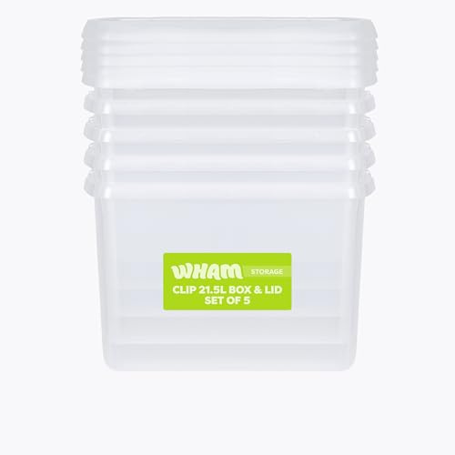 Wham Clip 5 x 21.5L Rectangular Stackable Plastic Storage Boxes with Lids | Ideal for Home, Office, Toys & More | Storage Containers with Clip Locks | Made in UK - Clear/Clear