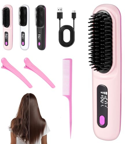 Mini Brosse Lissante, Portable Sans Fil électrique Anti-BrûLure Brosse Chauffante avec Affichage LCD Rrechargeable, pour Tous Les Types de Cheveux,Quotidien et en Voyage (Rose)