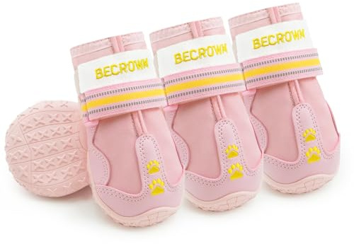 BECROWM wasserdichte & rutschfeste Hundeschuhe mit Reflektoren – ideal für Regen, Schnee, Schlamm und Outdoor-Aktivitäten (Pink, #4 (Breite 6cm) für 15-20kg)