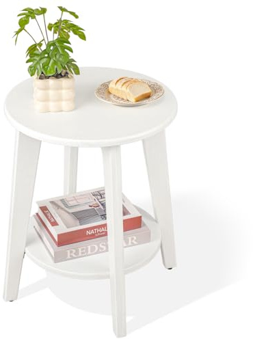 FEUFOAM Kleiner Beistelltisch Runder Beistelltisch aus Holz mit unterer Ablage Weißer Nachttisch Sofatische für kleine Räume, Wohnzimmer, Schlafzimmer