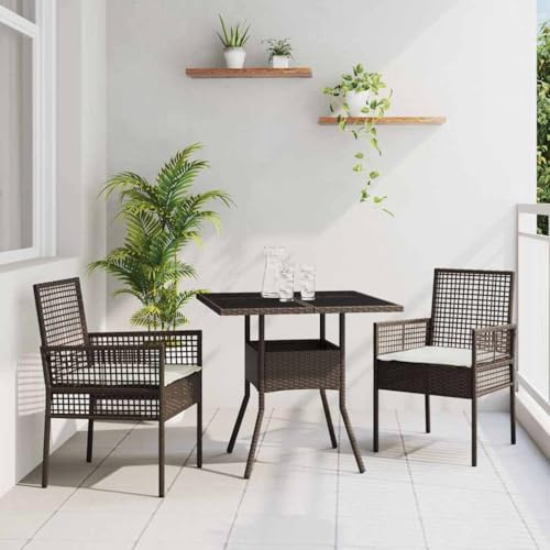 QUAHEAS Salon de jardin 3 pièces marron en polyrotin avec 2 chaises, table à manger en verre trempé, résistant aux UV, pour terrasse et balcon
