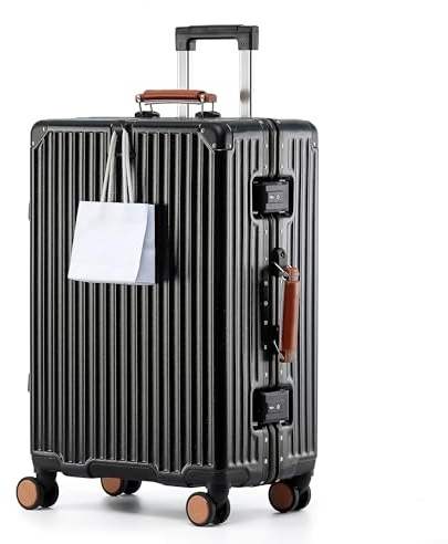 Aoliwei Aluminium-Rahmen Reisekoffer L (70cm) – Premium Hartschalen-Trolley für 7-10 Tage Reisen, mit braunem Echtleder-Griff, TSA-Schloss & & 360° Silent-Doppelrollen, Schwarz